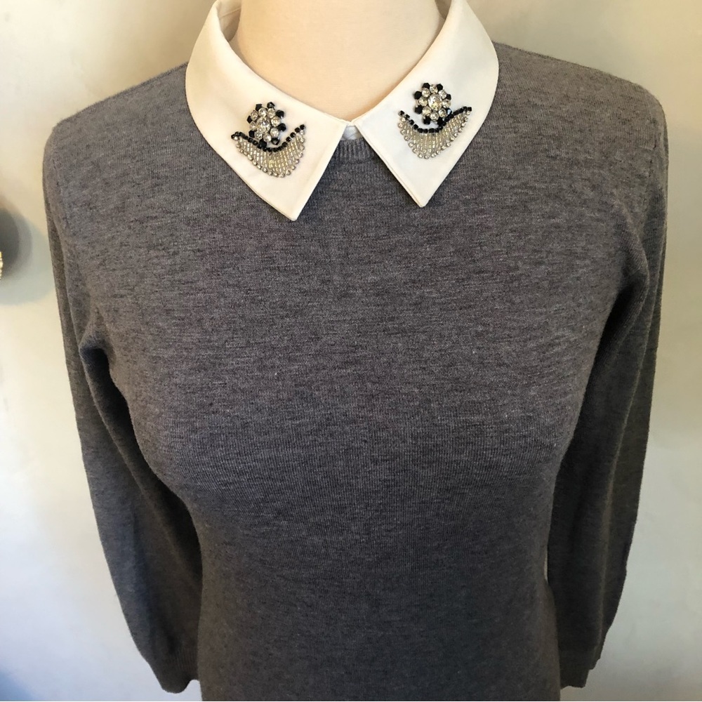 Vila Milano Gray sweater w/embellished beads & rhinestone pt.collar Size Medium - Picture 3 of 9